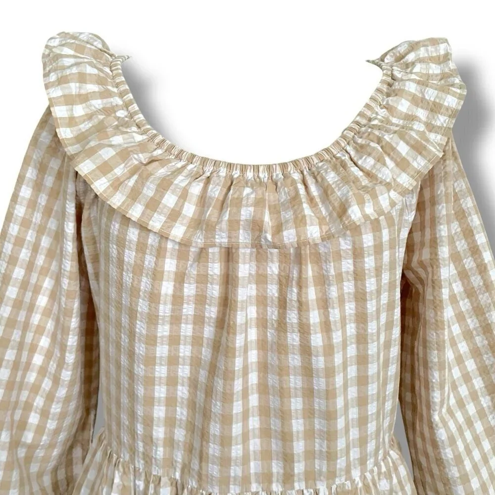 J Crew Womens Seersucker Dress Sz 12 Tan White Gingham Ruffle Neck Mini Preppy